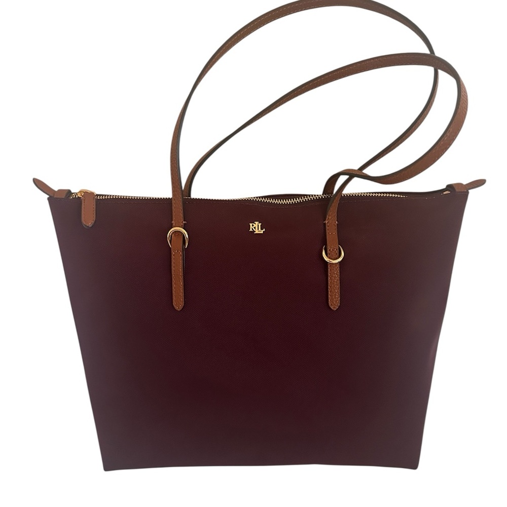 Ralph Lauren Burgundy Leather Tote with Brown Straps